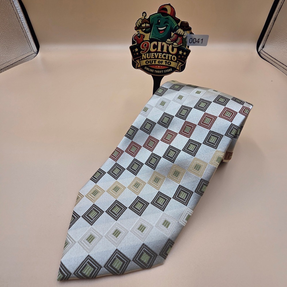 Peacock Silk Tie Geometric Square Pattern Sage‎ Green Silver Handmade Necktie